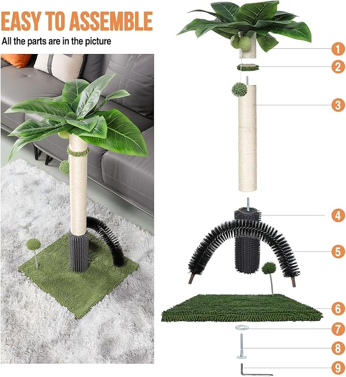 Topmart 29.5” Tall Cat Scratching Post for Large Indoor Cats, Sisal Scratching Post with Self Groomer and 2 Dangling Balls,Green