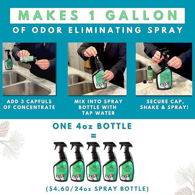 All Natural Stain & Urine Odor Eliminator Pet Enzyme Cleaner. Makes 1 Gallon. Dog & Cat Pee Smell Remover. Best Spray for Carpet, Hardfloor, Mattress, Turf, Kennel, Dog Bed, Concrete, Etc