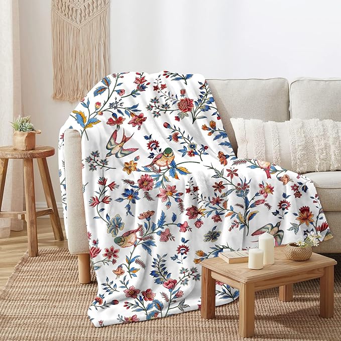 Bird Floral Throw Blanket Flower Plant Cozy Fuzzy Plush Throw Blankets Flannel Fleece Throw Blanket Gift for Women Girl Adult Boho Blankets for Bed Sofa Travel 60" x 80" Inch