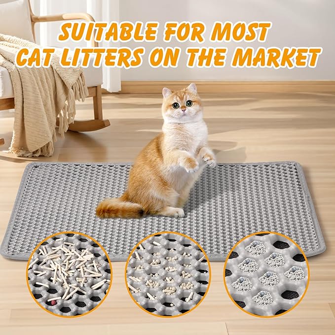 46x26 Inch Cat Litter Mat Double Layer Non-Slip Odor-Free Litter Box Mat,Waterproof and Urine Proof Litter Mat,Scatter Control, Less Waste,Easier to Clean(Gray)