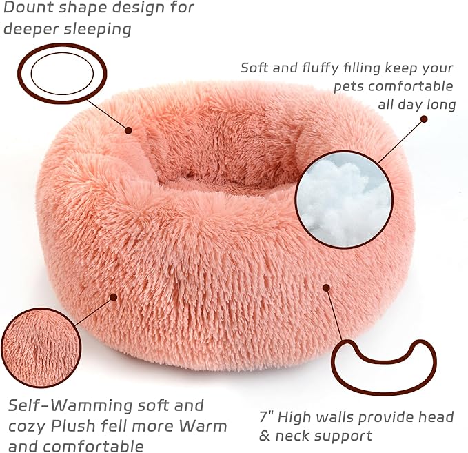 CHCFURPT Calming Dog Bed for Cats and Small Dogs, Donut Washable Small Cat Bed for Indoor Cats and Dogs, Anti-Slip Round Fluffy Plush Faux Fur Pet Bed for Small Cats and Dogs (Pink, 19.7')