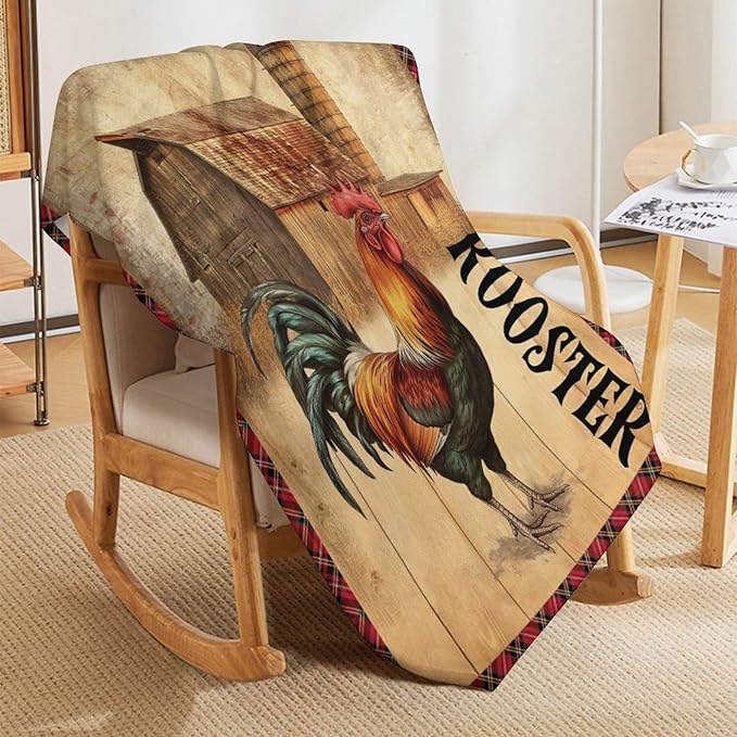 Farmhouse Rooster Blanket Chicken Farm Country Barn Print Throw Blankets for Couch Sofa Bed Stuff Decor Soft Cozy Fleece Plush Warm Flannel Bedding Gifts for Baby Girls Boys Kids Adults 60"x80"