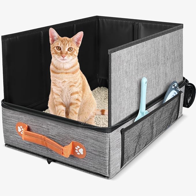 17.7*13.5*13.75" Large Travel Litter Box for Cats, Collapsible Cat Litter Box with Lid, Portable Cat Box with Zipper & Hard Bottom, Leak-Proof Kitty Litter Box for Car Hotel Airplane, Water-Resistant