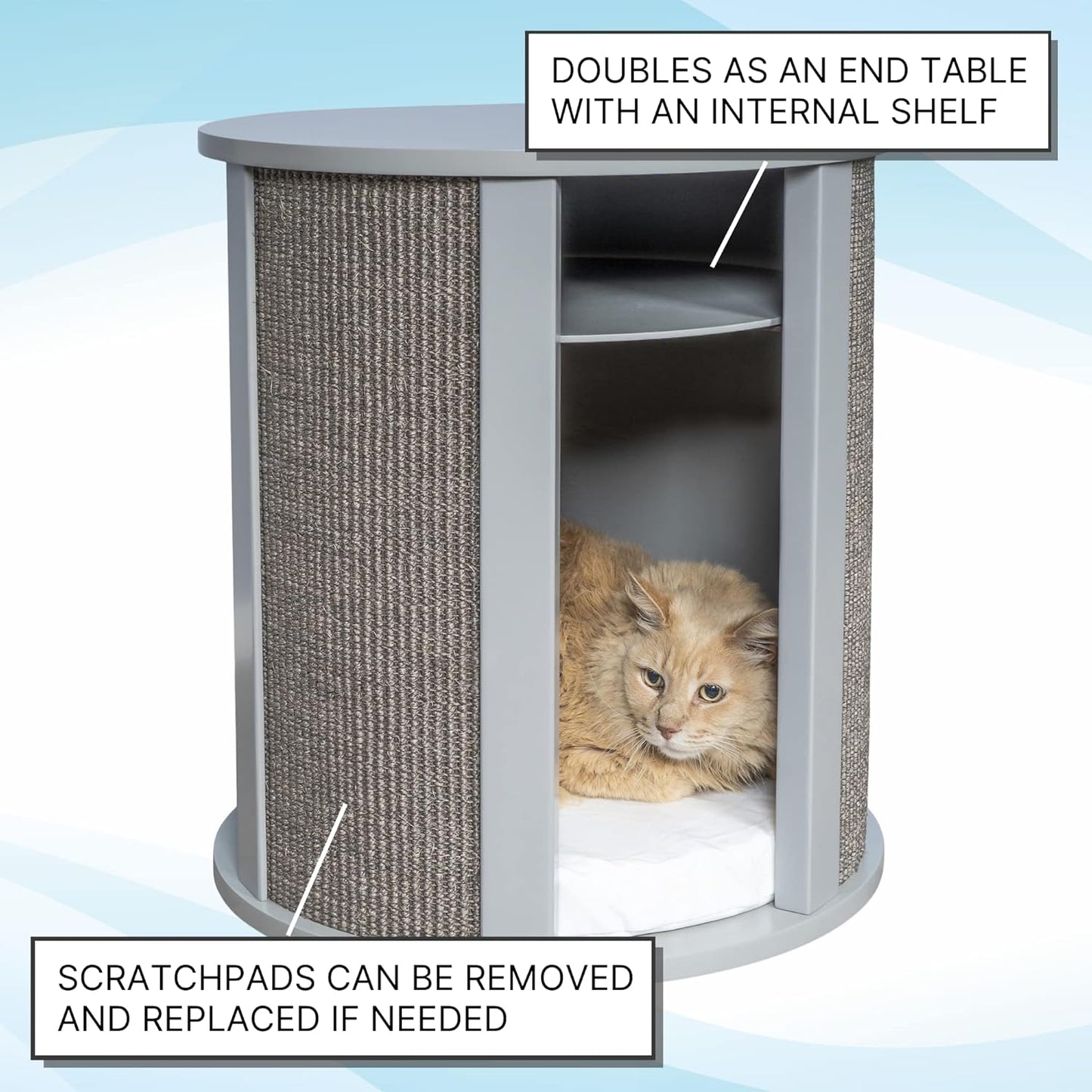 THE REFINED FELINE Purrrrfect End Table Cat Bed Cave in Smoke Gray, Multipurpose Wood Cat Furniture Nightstand, Easy to Clean Covered Cat Bed with Replaceable Scratching Post & Washable Cushion