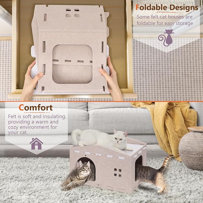 Cat House for Indoor Cat, Cozy Cat Bed Scratch Resistant Peekaboo Cat Cave Foldable Cat Tunnel for Multiple Large Cats Up to 33 Lbs Felt Cat Hideaway for Kitty with Fluffy Ball and Catnip Toy, Camel