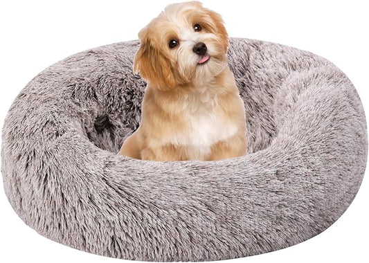 Calming Dog Bed, Dog Beds Fits up to 25 lbs Pets, Fluffy Donut Dog & Cat Bed Washable, Round Anti Anxiety Dog Bed, Small Dog Bed with Non-Slip Bottom (Coffee, 24" x 24")