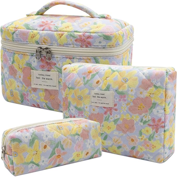 3pc Makeup Bag Set, Quilted Makeup Bag Set, Large Floral Cosmetic Bag for Women, Cute Cotton Makeup Bags, Flower Travel Toiletry Organizer Bag (Large Flower)