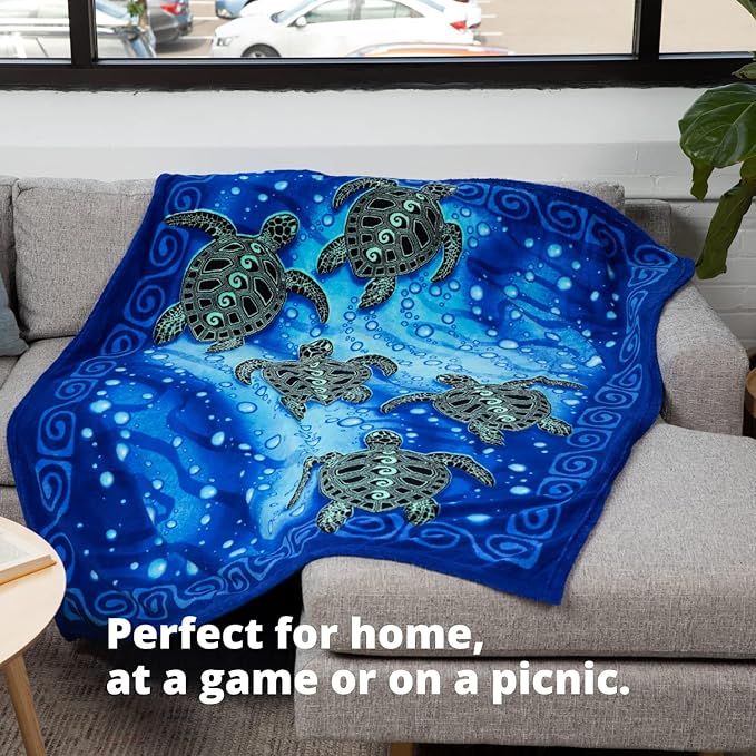 Dawhud Direct Sea Turtle Fleece Blanket - 50 x 60 Inch Soft Plush Throw for Bed Couch or Travel - Ocean-Themed Blanket and Sea Turtle Gifts for Women and Kids - Blue Tribal Design