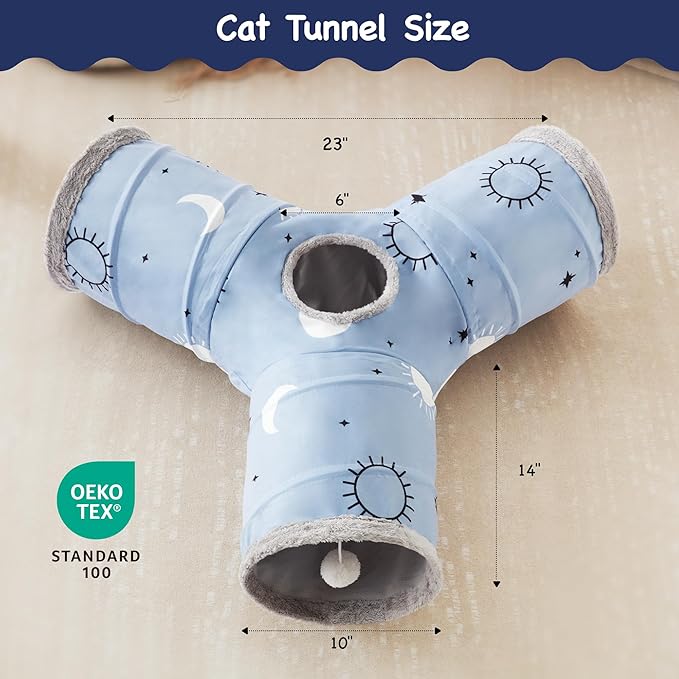 Tempcore Pet Cat Tunnel Tube Cat Toys 3 Way Collapsible, Cat Tunnels for Indoor Cats Fleece-Lined in for Warmth，Kitty Tunnel Bored Cat Pet Toys Peek Hole Toy Ball Cat, Puppy, Kitten, Rabbit Blue Sun