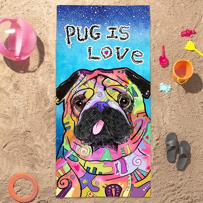 Bonsai Tree Pug Beach Towel, Cute Puppy Dog Themed Microfiber Bath Towel Gifts for Pug Lovers, Funny Abstract Trippy Sand Free Quick Dry Travel Towels for Kids Yoga Sports 30" x 60"