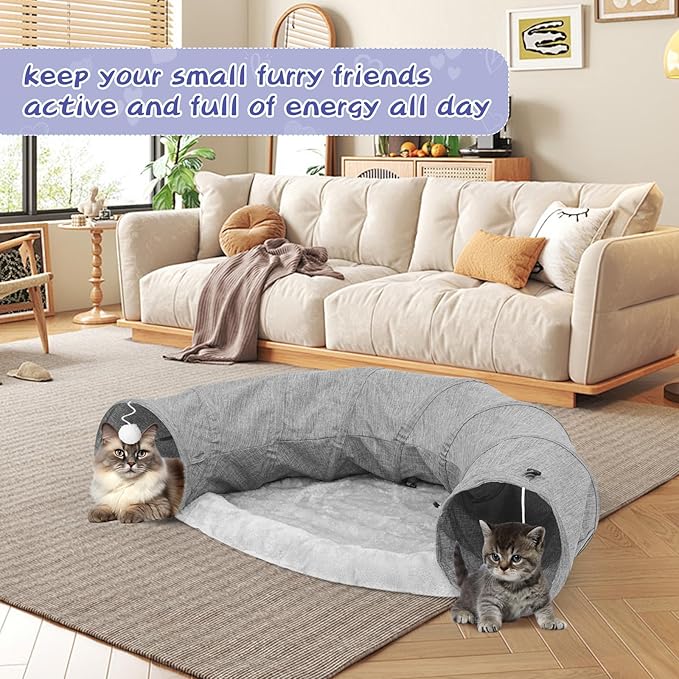 Cat Tunnel, Collapsible Cat Tunnel Bed Sturdy Oxford Fabric for Indoor Cats,Interactive Hanging Ball Pet Tunnel Tube with Cat Teaser Stick (Grey)