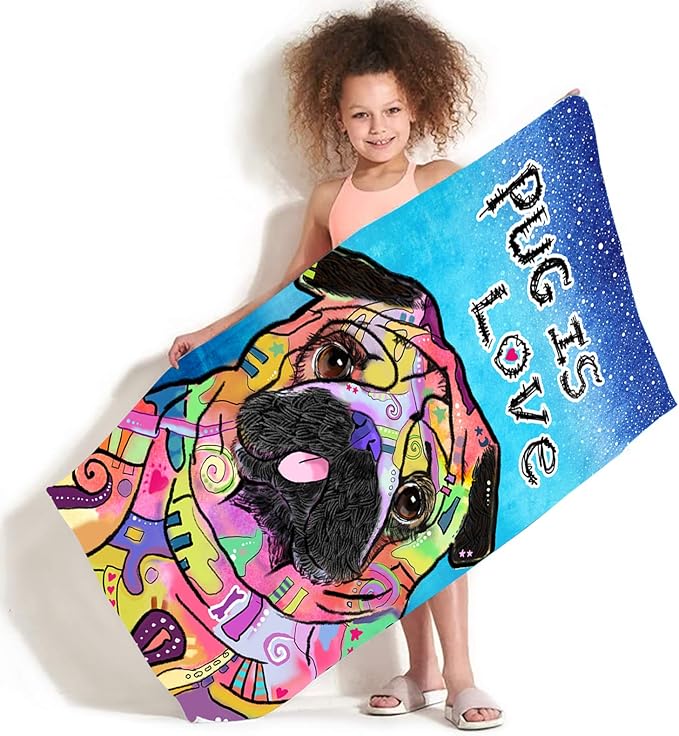 Bonsai Tree Pug Beach Towel, Cute Puppy Dog Themed Microfiber Bath Towel Gifts for Pug Lovers, Funny Abstract Trippy Sand Free Quick Dry Travel Towels for Kids Yoga Sports 30" x 60"