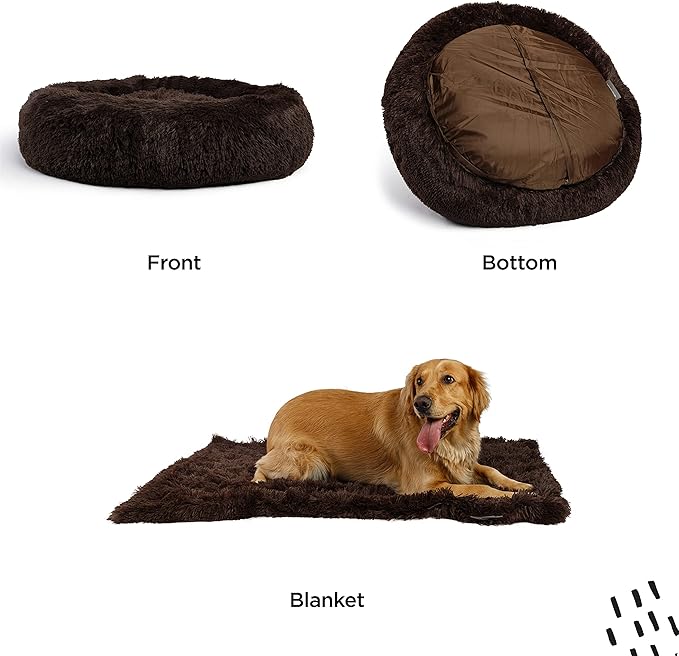 Best Friends by Sheri Bundle Set The Original Calming Shag Donut Cuddler Cat and Dog Bed + Pet Throw Blanket Dark Chocolate Large 36" x 36"