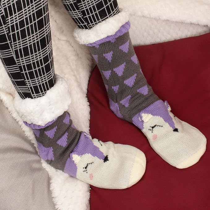BambooMN Extra Thick Cozy Fuzzy Animal Thermal Cabin Plush Fleece-lined Knitted Crew Socks
