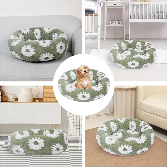 Calming Dog Bed, Dog Beds Fits up to 15 lbs Pets, Fluffy Donut Dog & Cat Bed Washable, Round Anti Anxiety Dog Bed, Small Dog Bed with Non-Slip Bottom (White, 20" x 20")