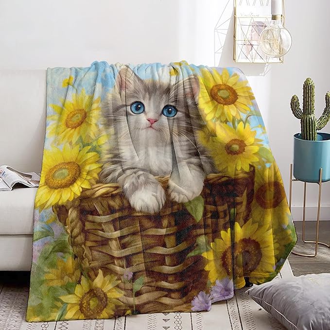 Cute Cat & Sunflowers Blanket - Ultra Soft & Cozy Flannel Kitten Throw Blankets, Warm, Lightweight & Fuzzy - Perfect for Bed, Couch, Travel & Outdoor Use - for Men Women Adults 60"×50"