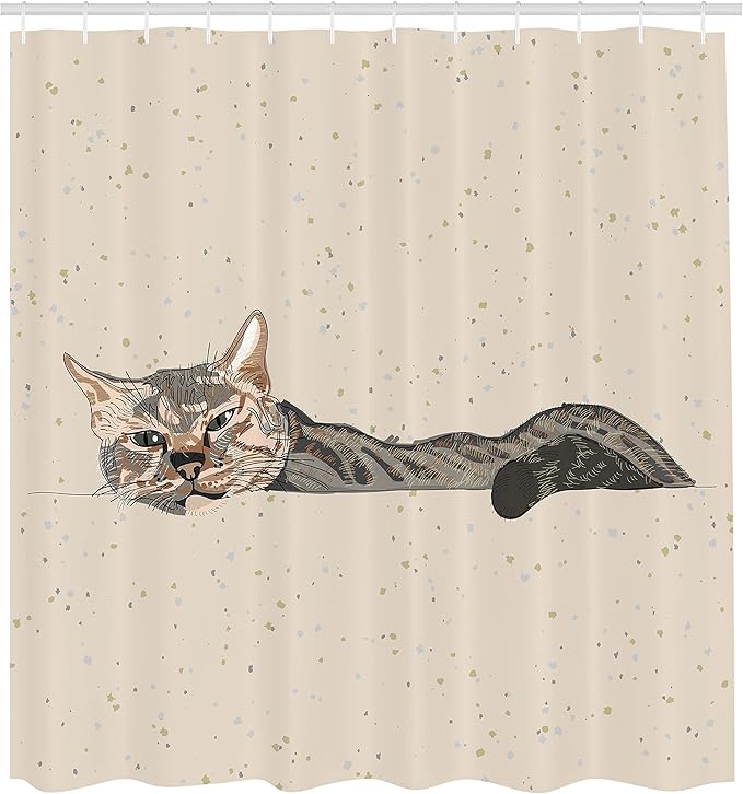 Ambesonne Cat Shower Curtain, Lazy Sleepy Cat in Earth Tones Furry Mascot Indoor Pet Art Illustration, Cloth Fabric Bathroom Decor Set with Hooks, 69" W x 75" L, Grey Beige