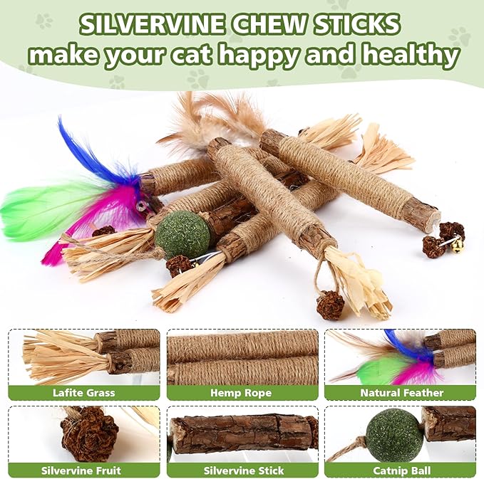 Catnip Chew Toys for Cats,24 Pack Silvervine Cat Toy,Cat Natural Silvervine Sticks,Natural Silvervine Stick Cage Balls & Bell Balls for Indoor Cats.