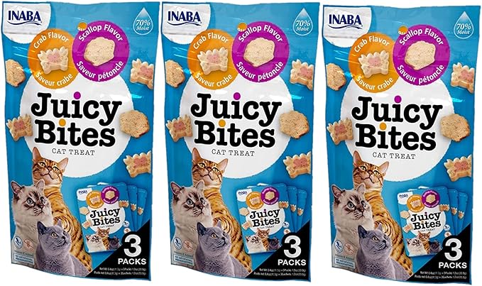 INABA Juicy Bites Grain-Free, Soft, Moist, Chewy Cat Treats with Vitamin E and Green Tea Extract, 0.4 Ounces per Pouch, 9 Pouches (3 per Pouch), Scallop and Crab Flavor