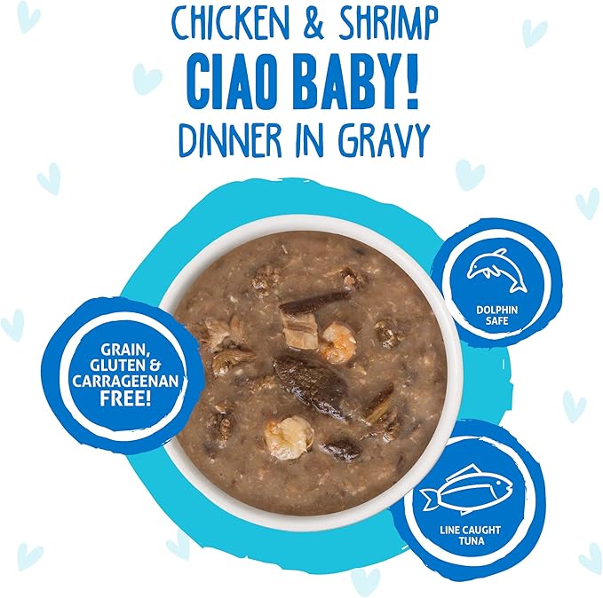 Weruva B.F.F. OMG - Best Feline Friend Oh My Gravy!, Ciao Baby! with Chicken & Shrimp in Gravy Cat Food, 2.8oz Pouch (Pack of 12)