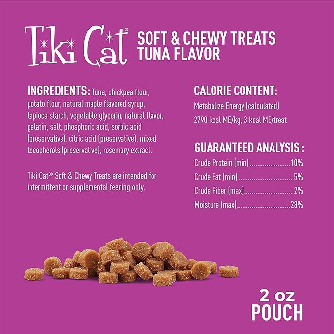 Tiki Cat Soft & Chewy Treats, Tuna Flavor, 3 Calories Per Treat with Grain-Free and No Added Gluten, 2 oz Pouch