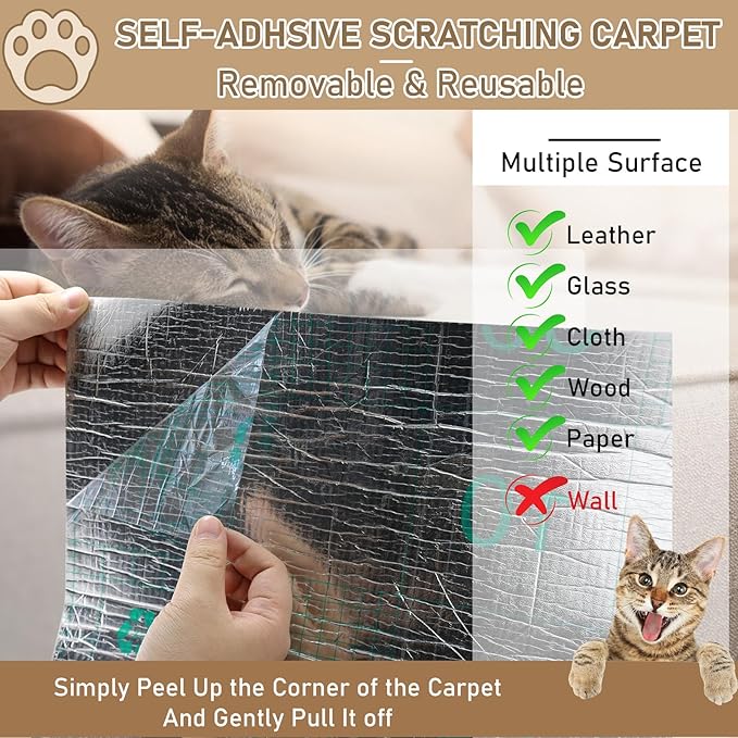 Cat Scratching Climbing Carpet Mat, Self-Adhesive Trimmable Anti Cat Scratcher Couch Furniture Protector from Cat Claws, Cat Post Covered Pad Replacement for DIY Cat Tree (Khaki, 15.8" x 118")