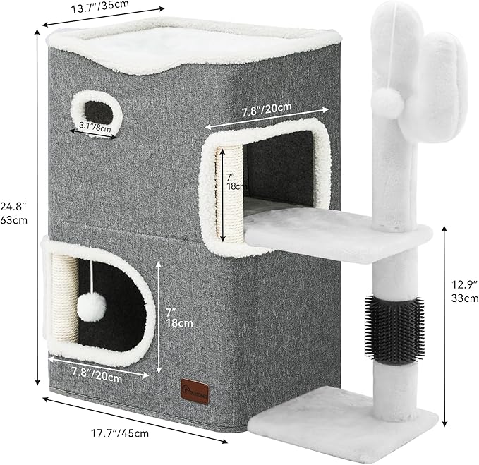 YIATHOME 2-Tier Cat House, Cat Beds for Indoor Cats, Small Cat Condo with Highway Cave, Scratch & Itching Post, Clmibing Stand, Modern Cat Cube Playhouse for Multi Kittens, Grey