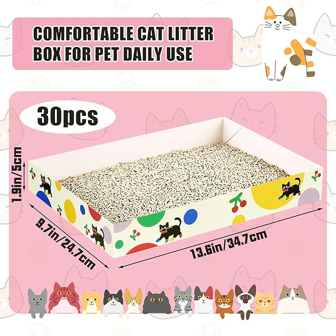 30 Pack Disposable Cat Litter Box, Foldable Paper Litter Box, Travel Cat Litter Box,Non Clumping Durable and Waterproof,Low Entry Easy Disposal,Portable(13.6x9.7x1.9 in)