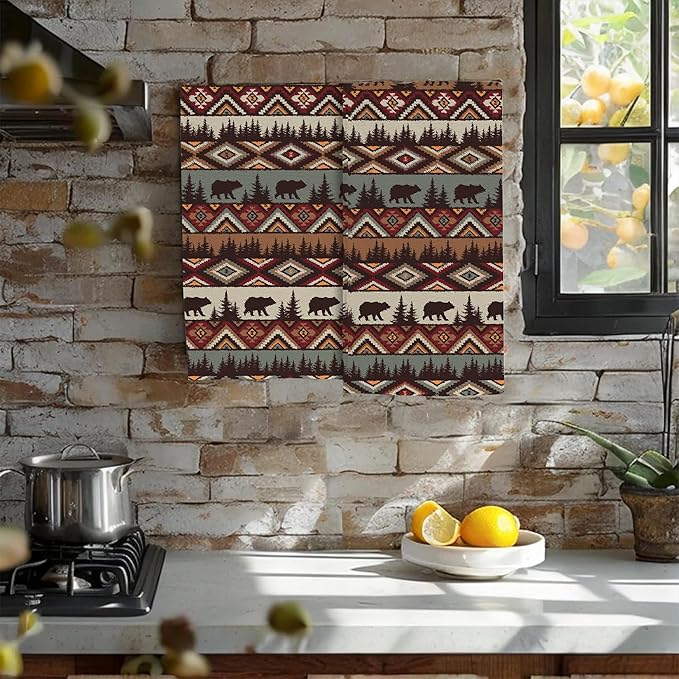Vintage Brown Bear and Forest Kitchen Hand Towel Set of 2,Wild Animals Bathroom Hand Towel,Soft Absorbent Decorative for Bathroom Kitchen Hotel Gym Yoga