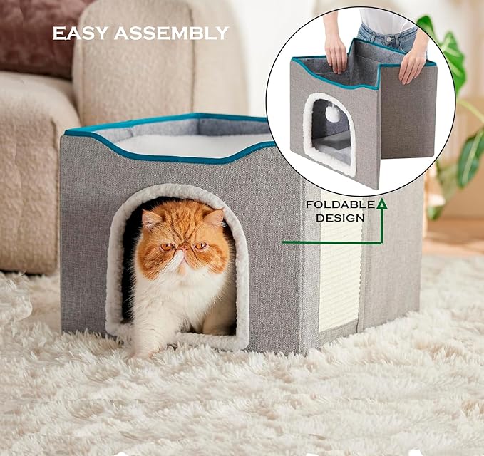 Cat Square Bed for Indoors Cats, Large Cat Cave for Pets,2 Cushion Lightweight and Foldable, with Scratcher and Fluffy Ball Hanging,Woll-Like Soft Cover,16”x14”, Gray