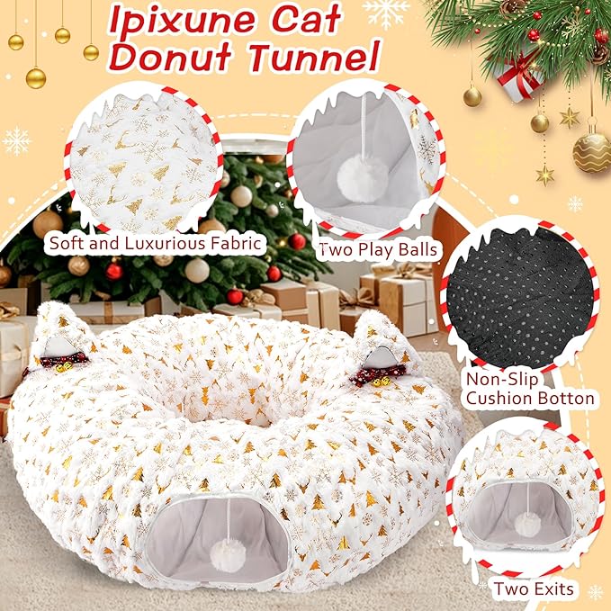 Cat Tunnel Bed for Indoor Cats, 3-in-1 Christmas Cat Donut Tunnel with Washable Cushion, Cat Tube Cave Toys Comes with Two Spherical Cat Fun Balls, for Kitten/Puppy/Rabbit, White