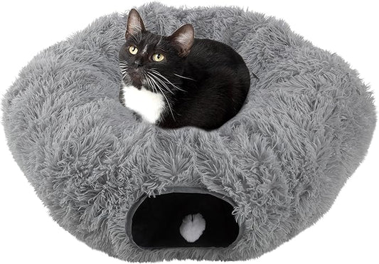 Cat Tunnel with Cat Bed for Indoor Cats - 3FT Multifunctional Cat Tunnel Bed with Cat Toys - Soft, Plush Peekaboo Cat Cave for Kittens, Cats, Ferrets, and Rabbits - Cat Products by PETMAKER (Gray)