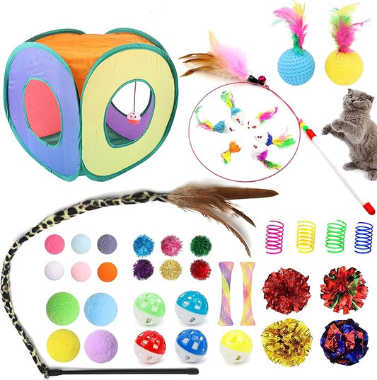 Cat Kitten Toys for Indoor Cats 42 Pack,Interactive Kitten Cat Toy Set with Collapsible Cat Tunnel Tube Tent, Cat Kitten Feather Wand Teaser with Bell