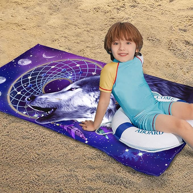 Bonsai Tree Wolf Beach Towel, Cool Dream Catcher Microfiber Bath Towel Gifts for Boys Kids, Funny Blue Purple Galaxy Space Animals Sand Free Quick Dry Travel Towels for Mens Pool Sports 30" x 60"