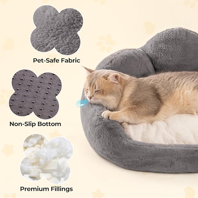 MEWOOFUN Cat Bed Kitten Bed, Washable Cat Bed for Indoor Cats Cute Cat Couch, Fluffy Flower Cat Sofa Bed, Pet Bed with Non-Slip Bottom, Small Dog Bed for Puppy and Kitten(Grey, 23")