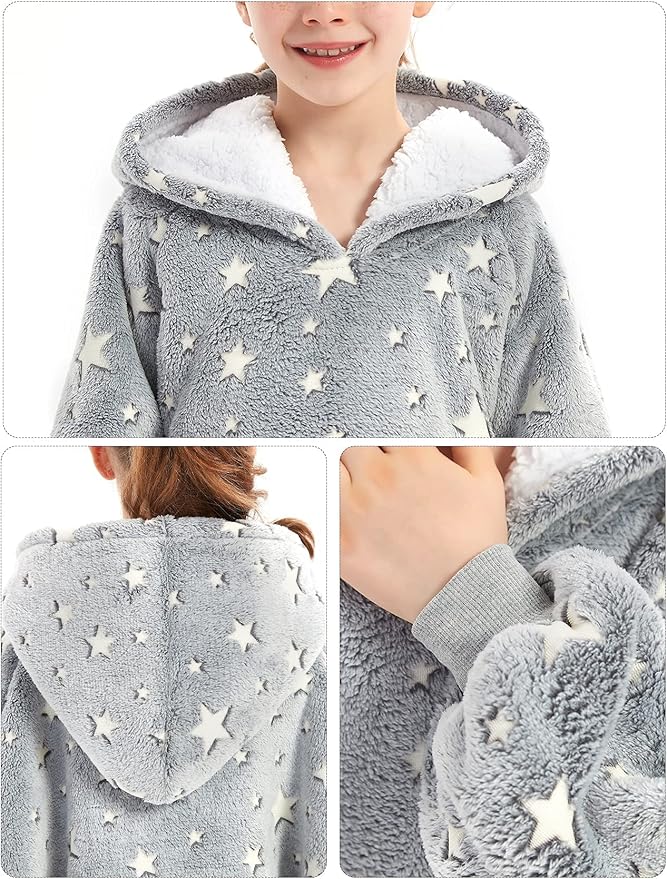 KFUBUO Wearable Blanket Hoodie for Kids Sherpa Patterns Oversized Sweatshirt Blanket With Pocket 6-10 Year Old Girl Boy Gifts Glow in The Dark Stars