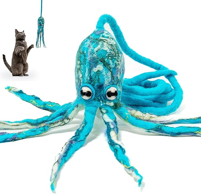 Cat in the Box Ink Floyd Wool Cat Octopus Toy with a 4-Foot Tether for Indoor Cats Kittens. Cute Cat Toy. Cat Kicker. Cat String Toy. Plush Cat Toy. Teaser Wand Kicker for Active Cats. No Catnip.