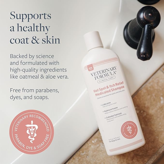 Veterinary Formula Clinical Care Hot Spot & Itch Relief Medicated Shampoo for Dogs and Cats 16 Fl Oz – Helps Alleviate Sensitive Skin, Scratching, and Licking of Coat (2 Pack)