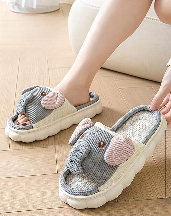 AZCHEN Women's Animal Cartoon Pig Slippers - Cute and Comfortable Linen Plush Slippers for Home