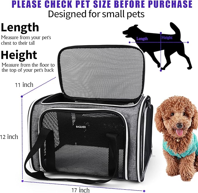 BAGLHER Pet Travel Carrier, Cat Carriers Dog Carrier for Small Medium Cats Dogs Puppies, Airline Approved Small Dog Carrier Soft Sided, Collapsible Puppy Carrier. Grey
