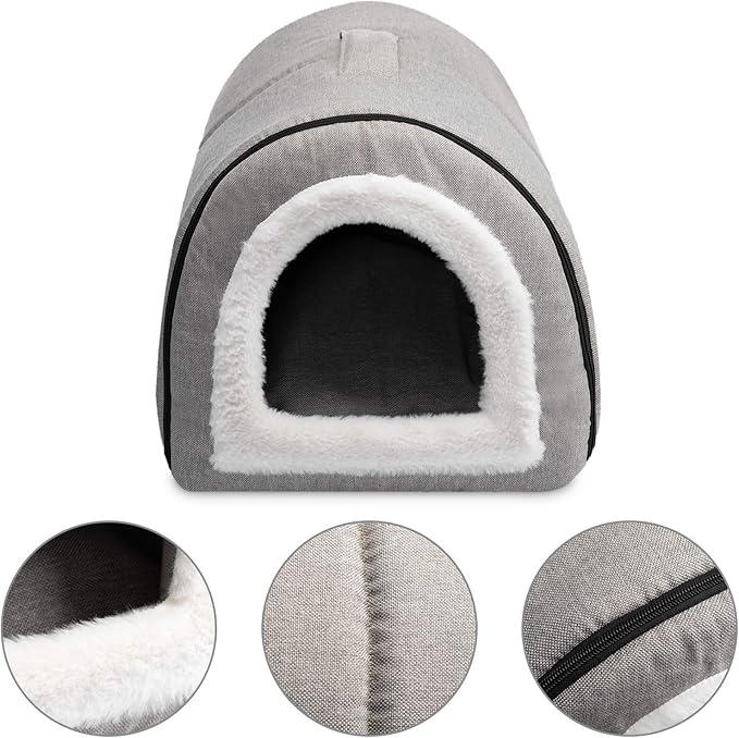 Hollypet Linen Cat Bed, Self-Warming 2 in 1 Foldable Cave House Animal Shape Nest Pet Sleeping Bed, Gray