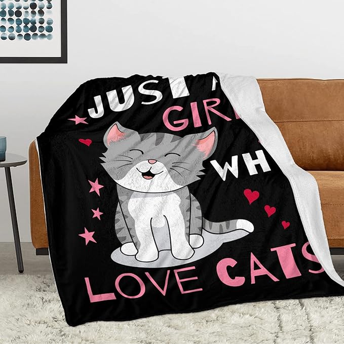 Cute Cat Throw Blanket Ultra Soft Warm Cozy Lightweight Microfiber Blankets Flannel Sherpa Fuzzy Plush Throws for Sofa Couch Bedding All Season, Just a Girl Who Loves Cats 60"x50"