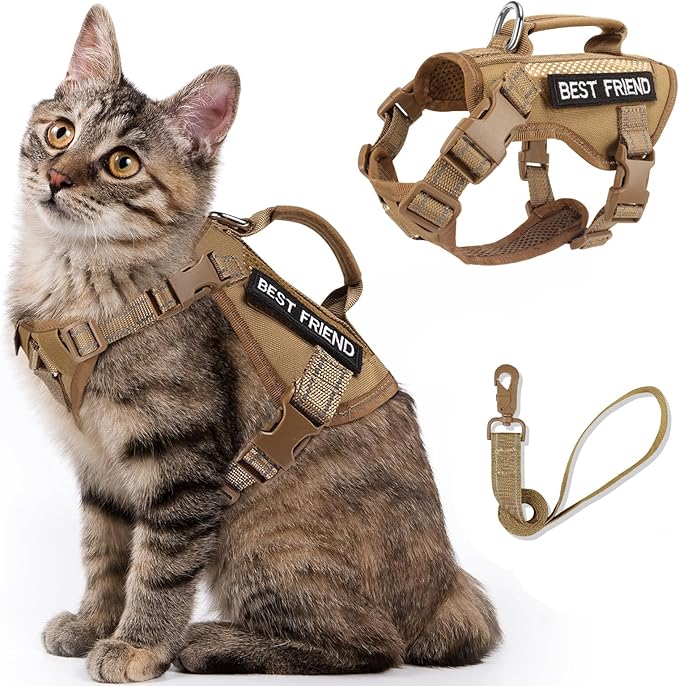 Tactical Cat Harness and Leash, Air Mesh Cat Walking Vest Harness Escape Proof, Reflective Large Cat Harnesses with Handle for Adult Fat Cats (AKhaki, L)