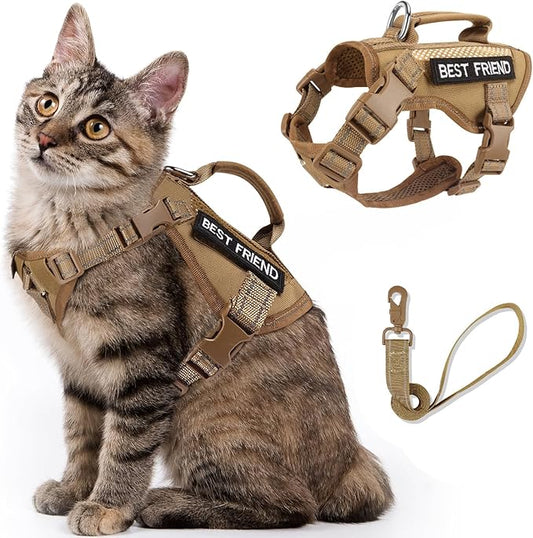 Tactical Cat Harness and Leash, Air Mesh Cat Walking Vest Harness Escape Proof, Reflective Large Cat Harnesses with Handle for Adult Fat Cats (AKhaki, L)