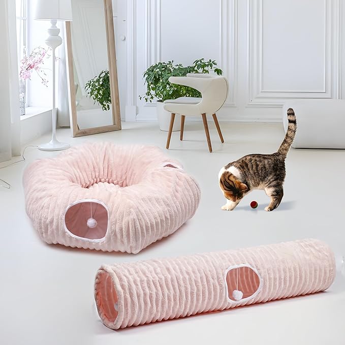 Luxurious Cat Tunnel,43" Straight Cat Tunnel Bed with Balls,Cat Toys for Indoor Cats,Collapsible Peekaboo Cat Cave for Kitten Toys（Pink Stripe）