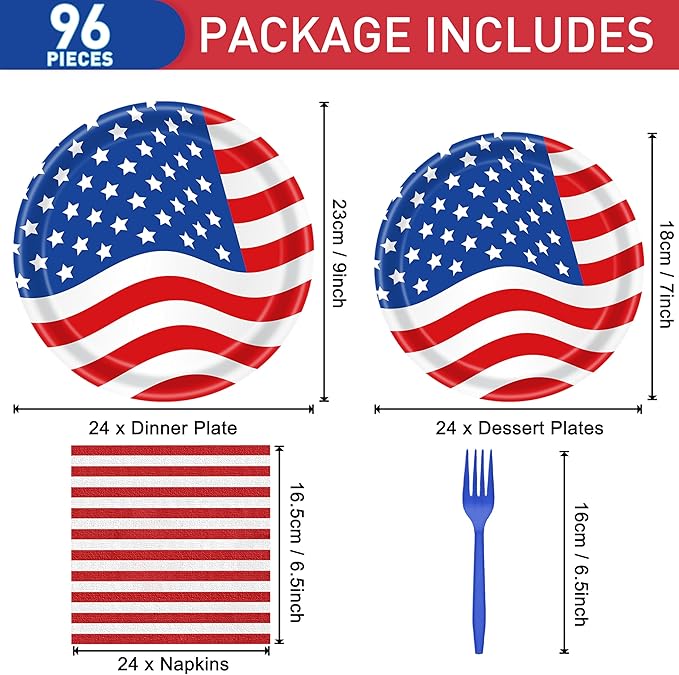 96 Pcs Patriotic Decoration 4th of July Party Plates Napkins Forks Supplies Tableware Set Disposable Paper American Flag Theme Independence Day Favors, Serves 24 Guests