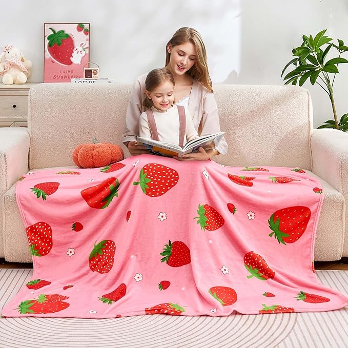 Pink Strawberry Kids Throw Blanket for Girls Teens Toddler Pink Soft Fuzzy Flannel Bed Blanket Birthday Gifts for Women Girls Kids Teens Adults, 50”x60”