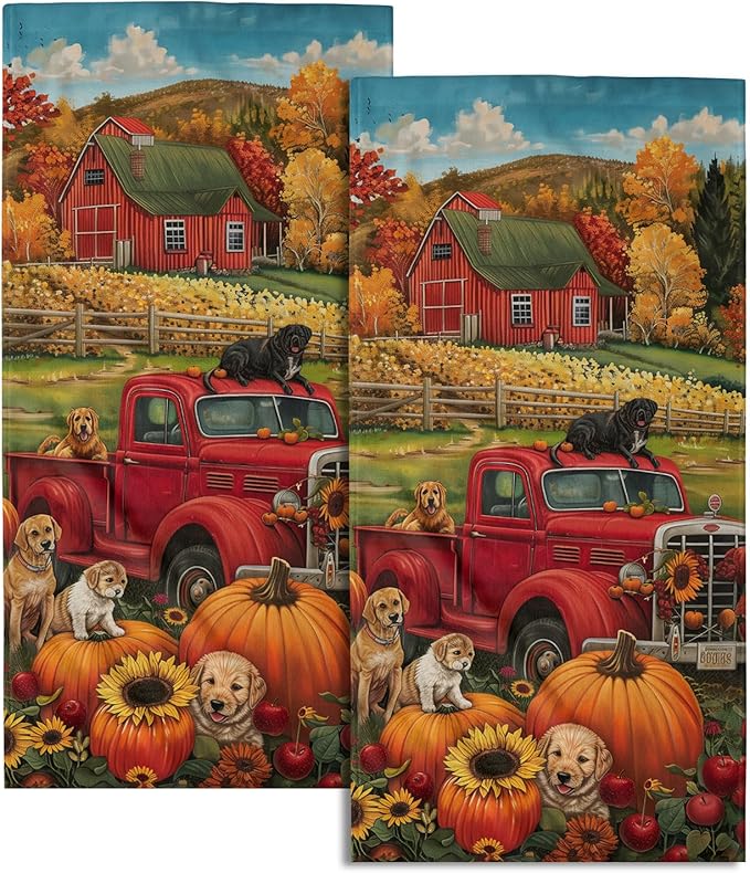 Giwawa Fall Farm Dogs Hand Towels Set of 2 Red Truck Decorative Dish Towel Soft Absorbent Seasonal Bath Towels for Bathroom Kitchen Spa Yoga