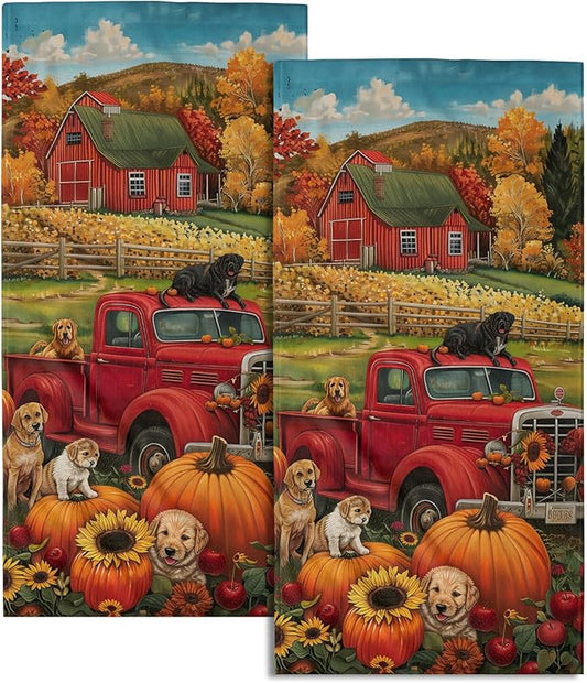 Giwawa Fall Farm Dogs Hand Towels Set of 2 Red Truck Decorative Dish Towel Soft Absorbent Seasonal Bath Towels for Bathroom Kitchen Spa Yoga