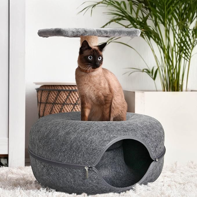 Lucky Sign - Cat bed, felt doughnut cat bed, cat tunnel bed, removable tunnel toy, can be used for cat beds or cat toys, 60 x 60 x 28 cm, dark grey